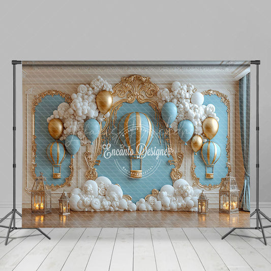 Lofaris Gold Wall Blue Hot Air Balloon Cake Samsh Backdrop