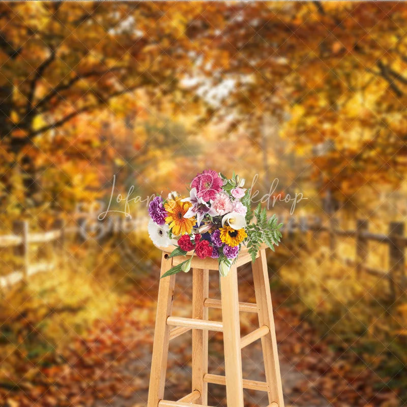 Lofaris Golden Autumn Forest Path Photography Backdrop with Rustic Wooden Fence and Fallen Leaves