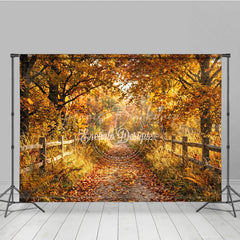 Lofaris Golden Autumn Forest Path Photography Backdrop with Rustic Wooden Fence and Fallen Leaves
