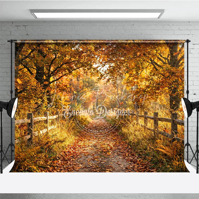 Lofaris Golden Autumn Forest Path Photography Backdrop with Rustic Wooden Fence and Fallen Leaves
