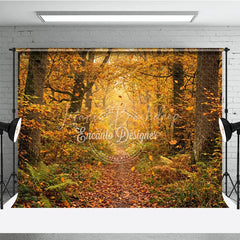 Lofaris Golden Autumn Forest Photography Backdrop with Winding Path Sunlight and Falling Leaves Natural Rustic Scenery