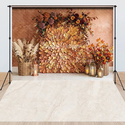 Lofaris Golden Autumn Leaves and Pampas Grass Combo Set Backdrop Rustic Fall Harvest Decor with Lanterns for Photos