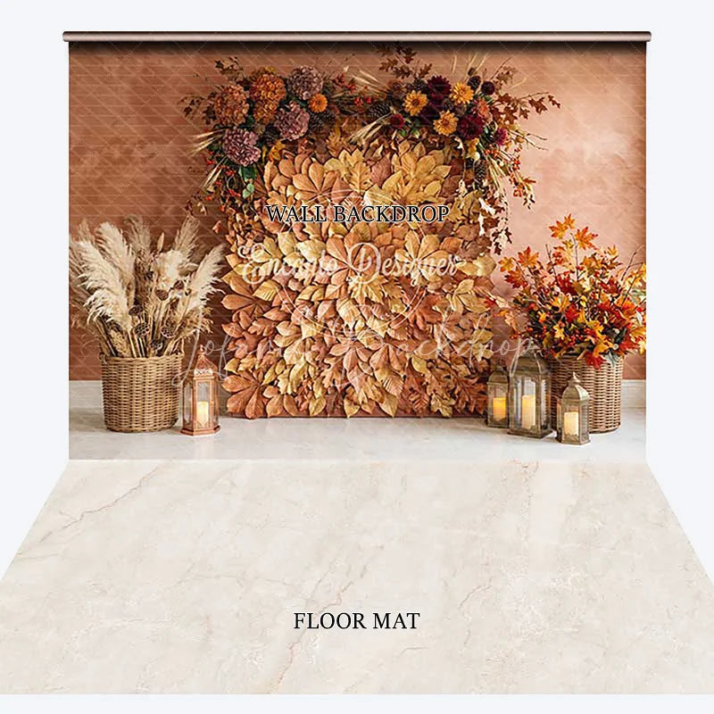 Lofaris Golden Autumn Leaves and Pampas Grass Combo Set Backdrop Rustic Fall Harvest Decor with Lanterns for Photos