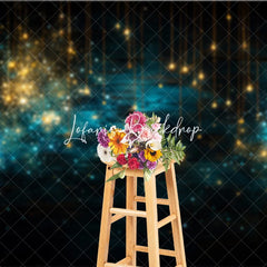 Lofaris Golden Blue Sparkling Lights Photography Backdrop Dark Wood Texture with Bokeh Effect for Festive Celebrations