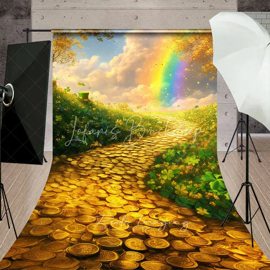 Lofaris Golden Coins Path Backdrop Rainbow and Lucky Clover Field Landscape St Patricks Day Photography Background