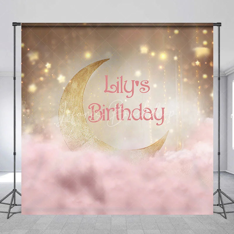 Lofaris Golden Crescent Moon and Pink Clouds Custom Birthday Backdrop Personalized Name Party Decor with Sparkling Stars