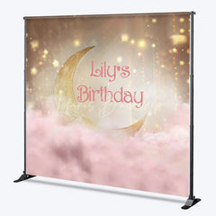 Lofaris Golden Crescent Moon and Pink Clouds Custom Birthday Backdrop Personalized Name Party Decor with Sparkling Stars