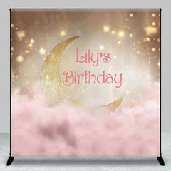 Lofaris Golden Crescent Moon and Pink Clouds Custom Birthday Backdrop Personalized Name Party Decor with Sparkling Stars