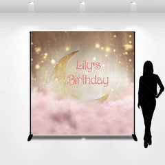 Lofaris Golden Crescent Moon and Pink Clouds Custom Birthday Backdrop Personalized Name Party Decor with Sparkling Stars