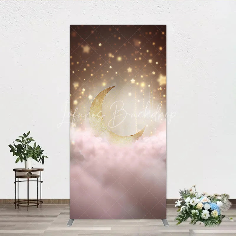 Lofaris Golden Crescent Moon and Sparkling Stars Rectangle Arch Backdrop Dreamy Pink Clouds Baby Shower Decor