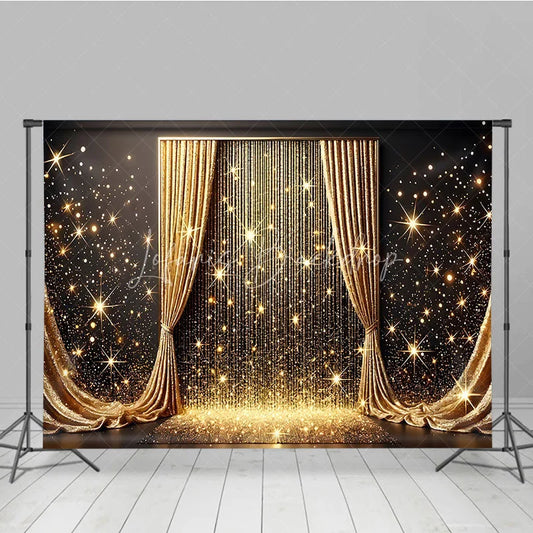 Lofaris Golden Curtains and Sparkling Glitter Photography Backdrop Elegant Starburst Celebration Party Decor