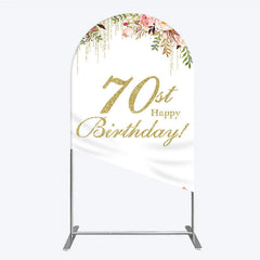 Lofaris Golden Glitter 70th Happy Birthday Round Top Arch Backdrop Pink Floral Watercolor Design