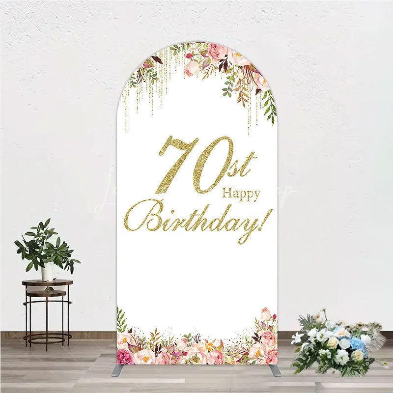 Lofaris Golden Glitter 70th Happy Birthday Round Top Arch Backdrop Pink Floral Watercolor Design