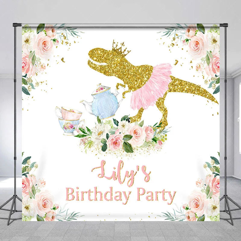 Lofaris Golden Glitter Dinosaur with Pink Tutu and Crown Custom Backdrop Personalized Tea Party Birthday Decoration for Girls