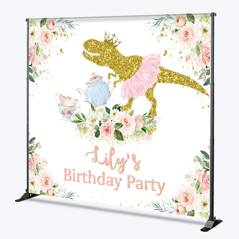 Lofaris Golden Glitter Dinosaur with Pink Tutu and Crown Custom Backdrop Personalized Tea Party Birthday Decoration for Girls