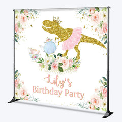 Lofaris Golden Glitter Dinosaur with Pink Tutu and Crown Custom Backdrop Personalized Tea Party Birthday Decoration for Girls
