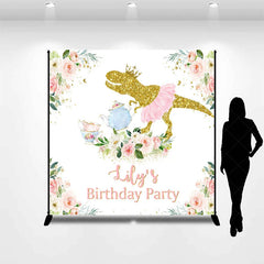 Lofaris Golden Glitter Dinosaur with Pink Tutu and Crown Custom Backdrop Personalized Tea Party Birthday Decoration for Girls