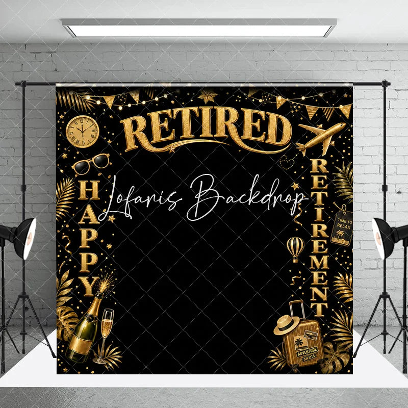 Lofaris Golden Glitter Happy Retirement Celebration Party Holiday Backdrop with Travel Elements and Champagne
