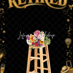 Lofaris Golden Glitter Happy Retirement Celebration Party Holiday Backdrop with Travel Elements and Champagne