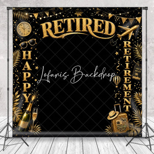 Lofaris Golden Glitter Happy Retirement Celebration Party Holiday Backdrop with Travel Elements and Champagne