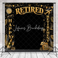 Lofaris Golden Glitter Happy Retirement Celebration Party Holiday Backdrop with Travel Elements and Champagne