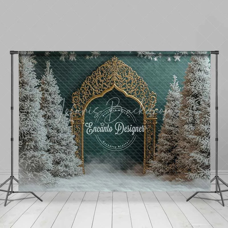 Lofaris Golden Gothic Arch Christmas Backdrop Snowy Forest Green Wall Photography Background
