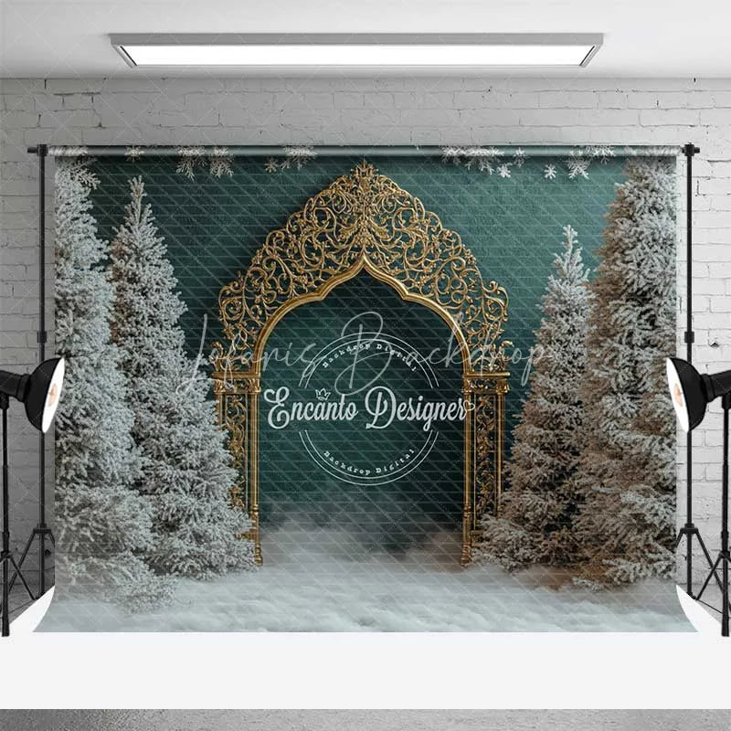 Lofaris Golden Gothic Arch Christmas Backdrop Snowy Forest Green Wall Photography Background