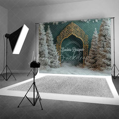 Lofaris Golden Gothic Arch Christmas Backdrop Snowy Forest Green Wall Photography Background