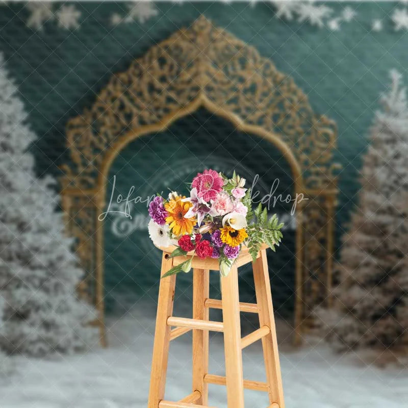 Lofaris Golden Gothic Arch Christmas Backdrop Snowy Forest Green Wall Photography Background