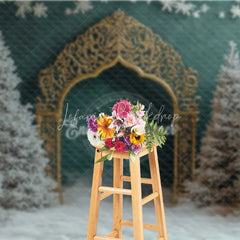 Lofaris Golden Gothic Arch Christmas Backdrop Snowy Forest Green Wall Photography Background