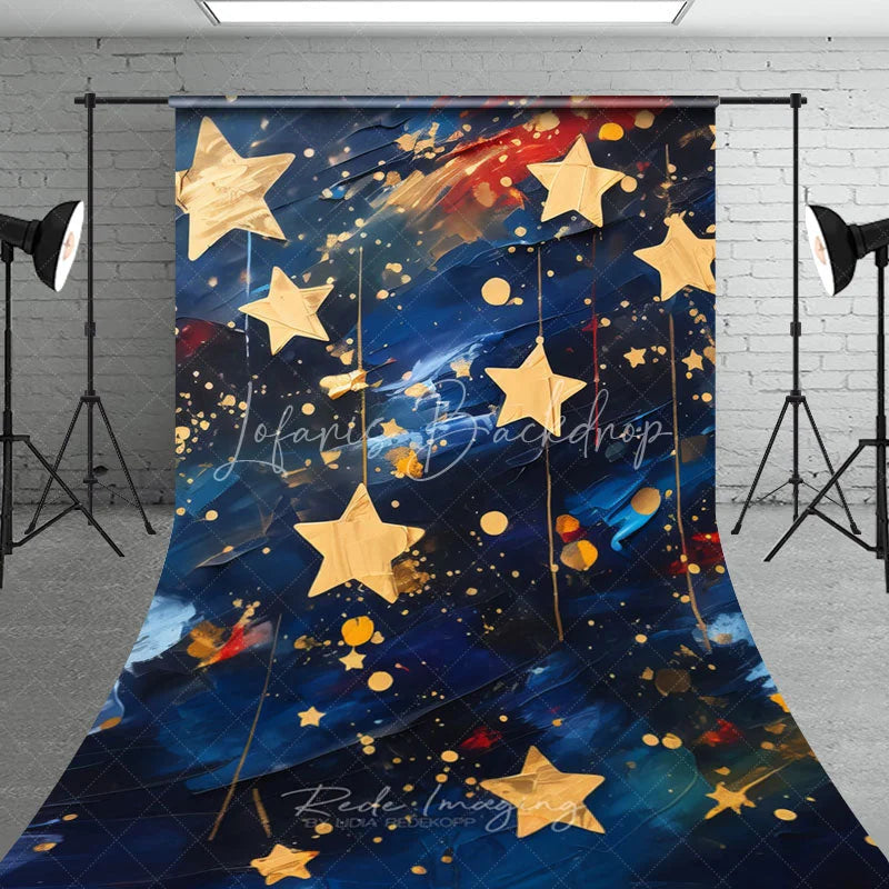 Lofaris Golden Hanging Stars on Navy Blue Sweep Backdrop Celestial Night Party Decor for Kids Artistic Oil Painting Style