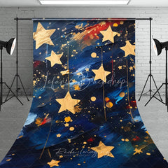 Lofaris Golden Hanging Stars on Navy Blue Sweep Backdrop Celestial Night Party Decor for Kids Artistic Oil Painting Style