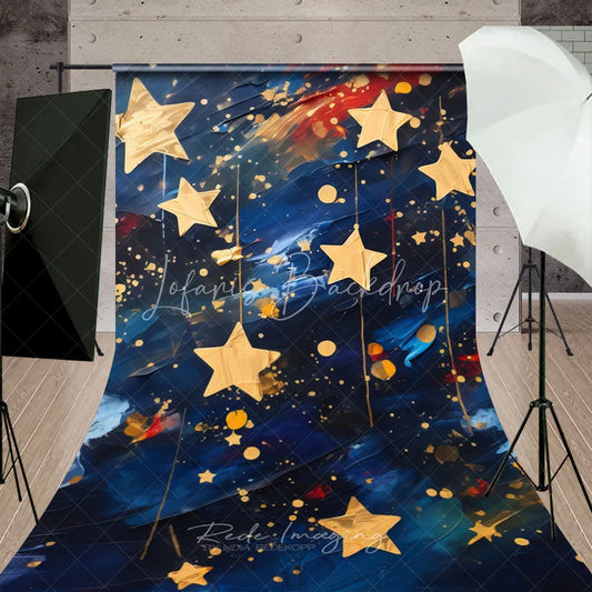 Lofaris Golden Hanging Stars on Navy Blue Sweep Backdrop Celestial Night Party Decor for Kids Artistic Oil Painting Style