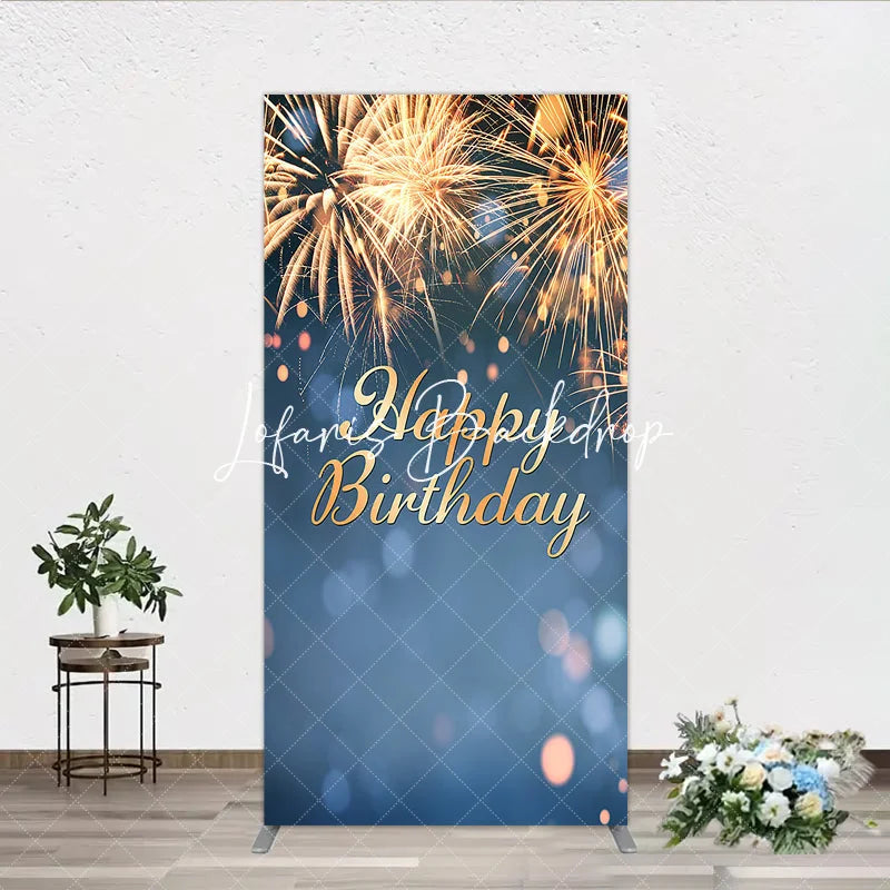 Lofaris Golden Happy Birthday Sparkling Lights Rectangle Arch Backdrop Elegant Blue Bokeh Celebration Party Decor