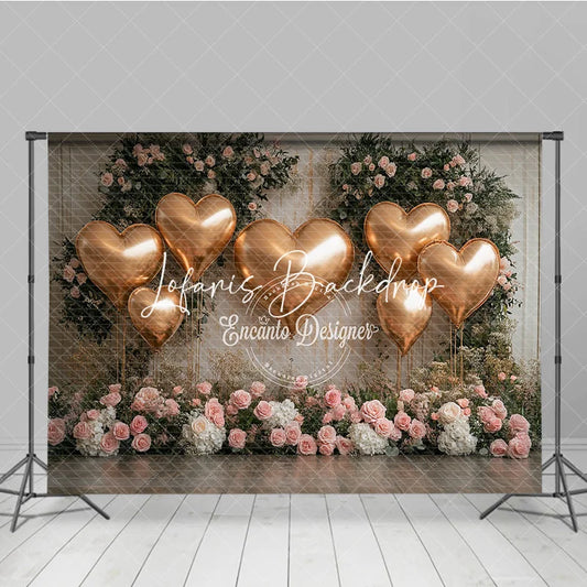 Lofaris Golden Heart Balloons and Pink Roses Floral Photography Backdrop Elegant Wedding Valentine’s Day Party Decor