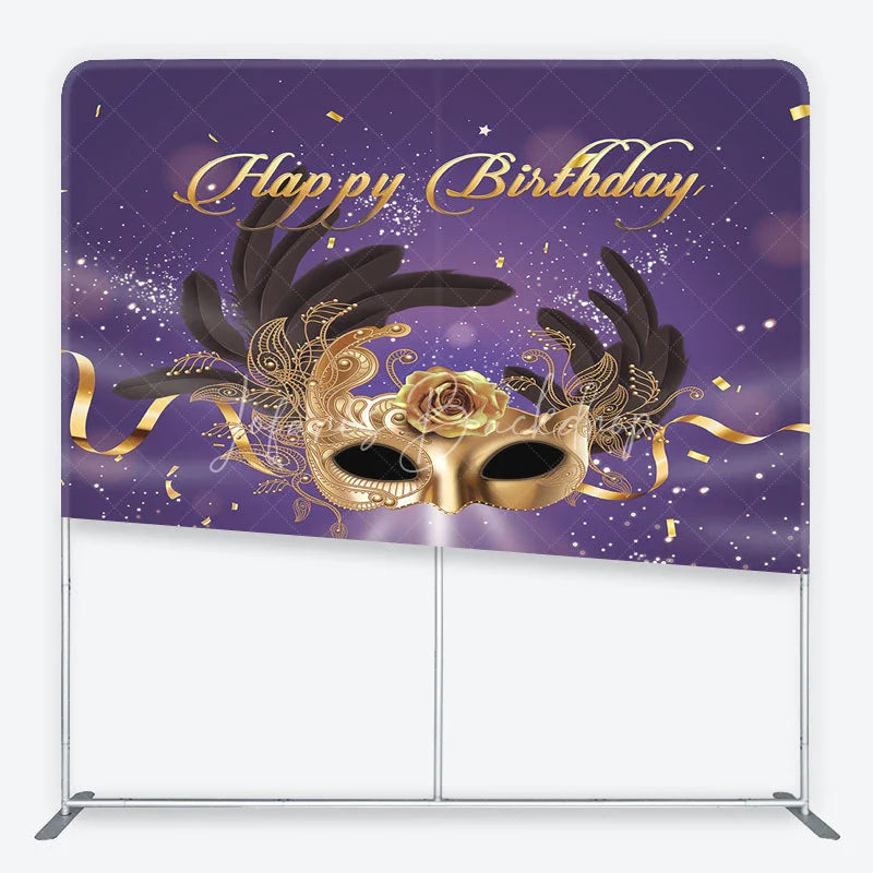 Lofaris Golden Masquerade Mask with Black Feathers Happy Birthday Square Double-Sided Backdrop Elegant Purple Gold Party Decor