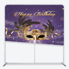 Lofaris Golden Masquerade Mask with Black Feathers Happy Birthday Square Double-Sided Backdrop Elegant Purple Gold Party Decor