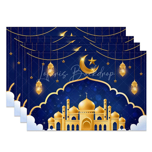 Lofaris Golden Mosque Night Set of 4 Placemats Starry Sky with Moon and Lanterns Ramadan Eid Mubarak Table Mats