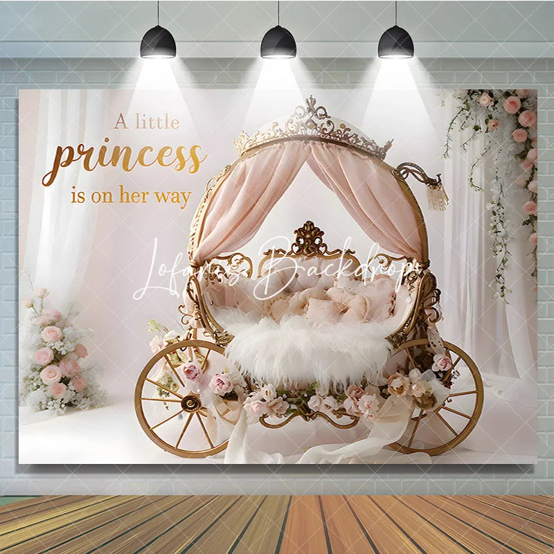 Lofaris Golden Princess Carriage Pink Floral Baby Shower Backdrop A Little Is On Her Way Quote Photography