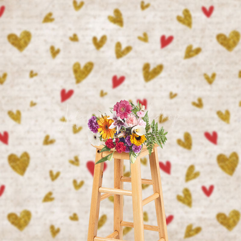 Lofaris Golden Red Heart Pattern Valentines Day Backdrop