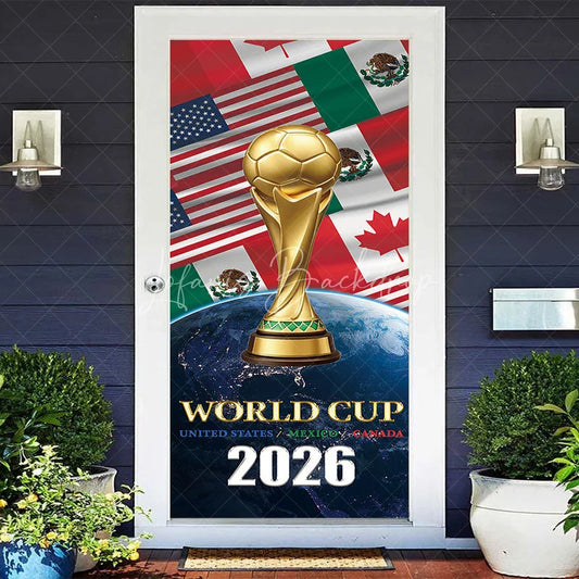 Lofaris Golden Soccer Trophy and Ball International Football Event 2026 Door Cover featuring USA Mexico Canada Flags