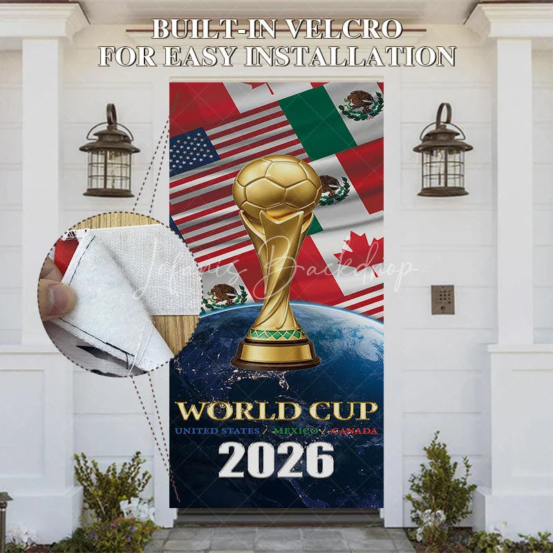 Lofaris Golden Soccer Trophy and Ball International Football Event 2026 Door Cover featuring USA Mexico Canada Flags