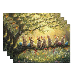 Lofaris Golden Spring Bunny Set of 4 Placemats Rabbits on Branch Sunny Easter Holiday Table Mats Decor