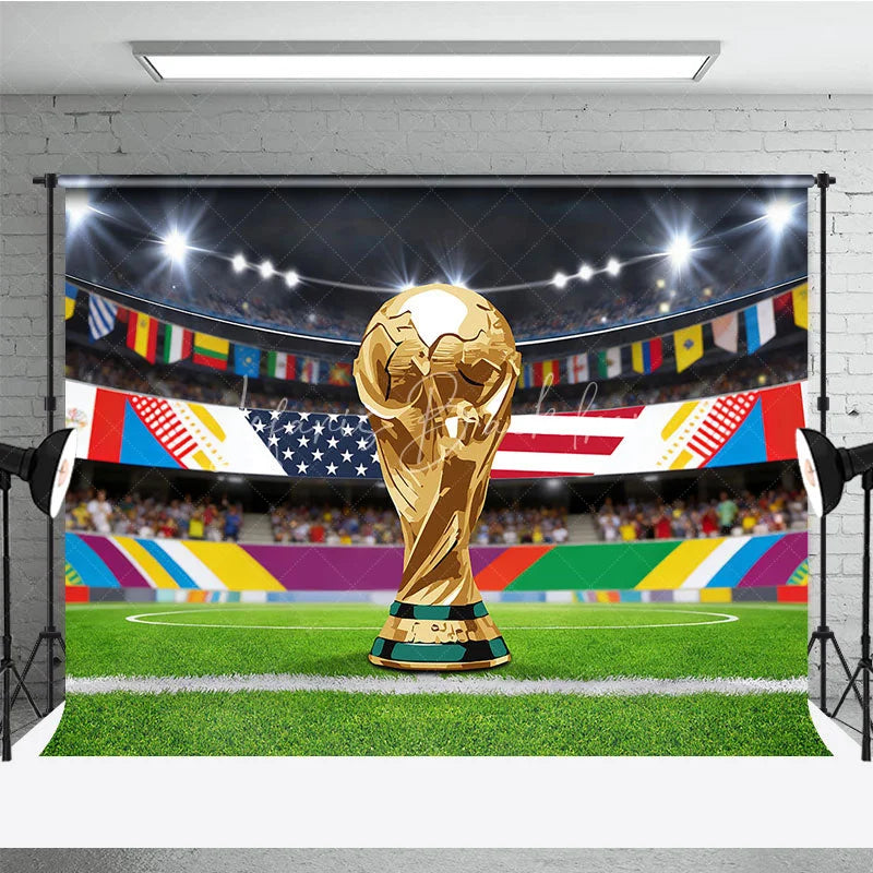Lofaris Golden Victory Trophy Soccer Stadium Holiday Backdrop with International Flags Festive Celebration Decor