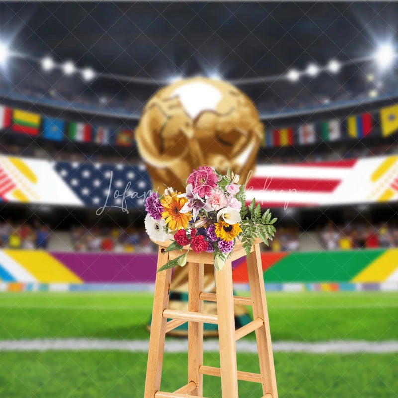 Lofaris Golden Victory Trophy Soccer Stadium Holiday Backdrop with International Flags Festive Celebration Decor