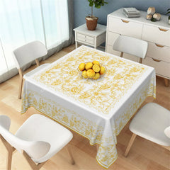Lofaris Golden Yellow Rose Line Art Rectangle Tablecloth Ornate White Floral Filigree Table Cover