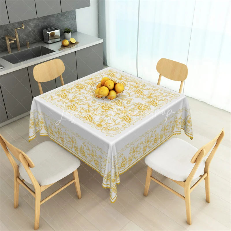 Lofaris Golden Yellow Rose Line Art Rectangle Tablecloth Ornate White Floral Filigree Table Cover