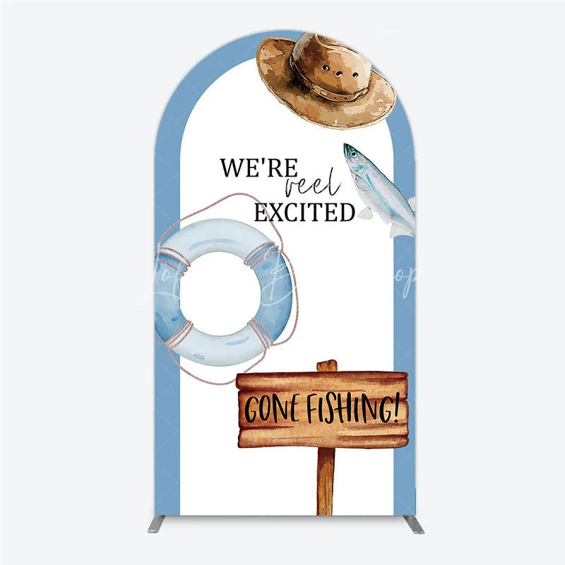 Lofaris Gone Fishing Arch Backdrop Reel Excited Life Ring Rustic Sign Background Boy Baby Shower Cover Decoration
