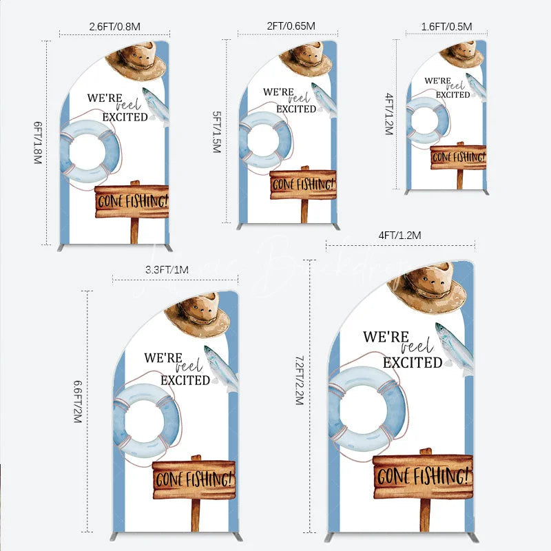 Lofaris Gone Fishing Half Moon Arch Backdrop Reel Excited Life Ring Rustic Sign Background Boy Baby Shower Cover Decoration