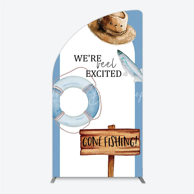 Lofaris Gone Fishing Half Moon Arch Backdrop Reel Excited Life Ring Rustic Sign Background Boy Baby Shower Cover Decoration